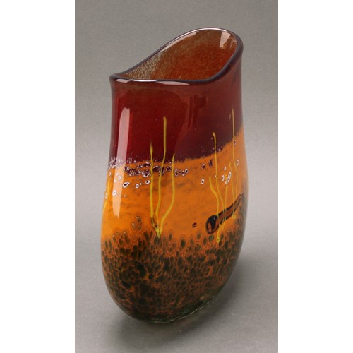 2449 - A Siddy Langley studio glass vase, decorated in tones of orange and red, 24cm high, signed, dated 20... 