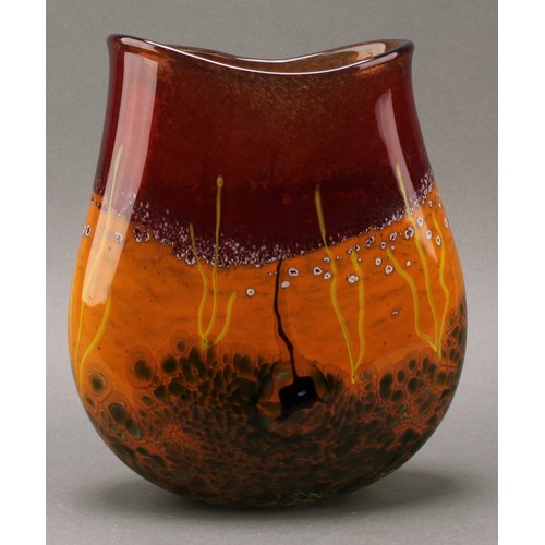 2449 - A Siddy Langley studio glass vase, decorated in tones of orange and red, 24cm high, signed, dated 20... 