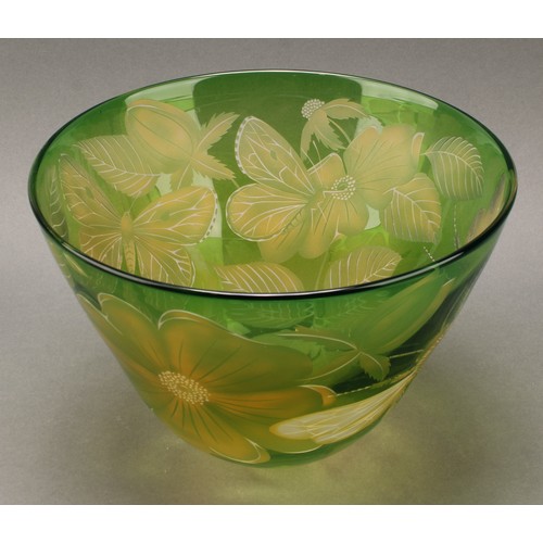 2411 - A Scottish art glass bowl, by Julia Lingstead, engraved with flowers, a bee, and a butterfly on a gr... 