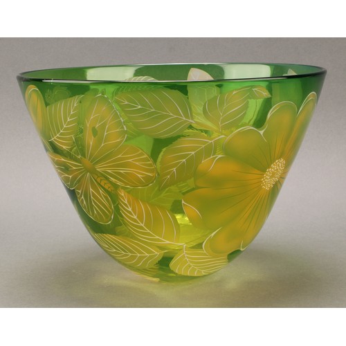 2411 - A Scottish art glass bowl, by Julia Lingstead, engraved with flowers, a bee, and a butterfly on a gr... 