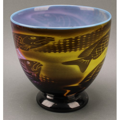 2416 - A studio glass graal vase, by John Ford, decorated with fish intones of purple and green, signed to ... 