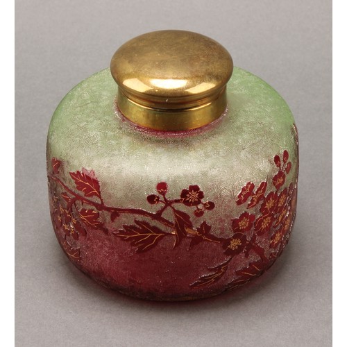 2395 - An early 20th century cameo glass inkwell, decorated with trailing branches on a frosted ground, hin... 