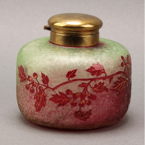 2395 - An early 20th century cameo glass inkwell, decorated with trailing branches on a frosted ground, hin... 