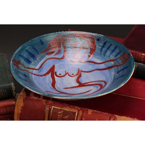 2460 - Eileen Cooper RA (Bn.1953) - a ceramic bowl, painted with a female nude, in tones of red on a blue g... 