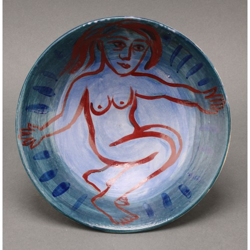 2460 - Eileen Cooper RA (Bn.1953) - a ceramic bowl, painted with a female nude, in tones of red on a blue g... 