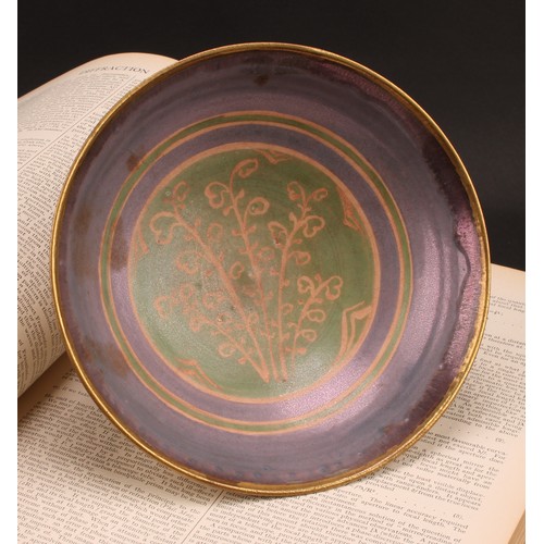 2421 - A Bernard Forrester lustre bowl, decorated with leafy sprigs, 17.5cm diam, gilt initial mark