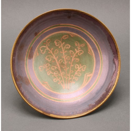 2421 - A Bernard Forrester lustre bowl, decorated with leafy sprigs, 17.5cm diam, gilt initial mark