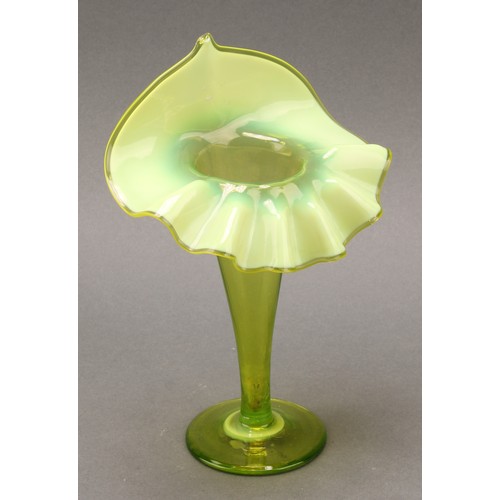 2455 - An Art Nouveau uranium and green vaseline glass Jack-in-the-pulpit vase, 20cm high, c.1900; an ovoid... 