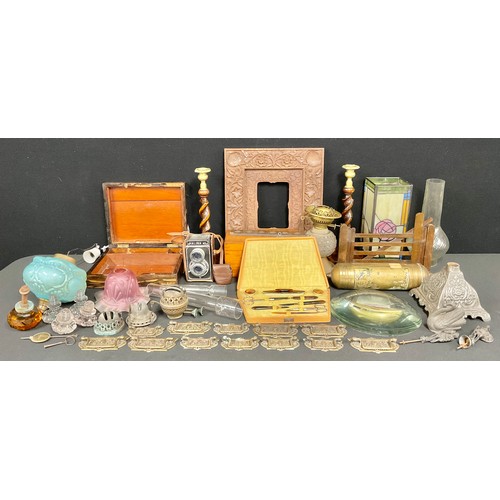 2396 - Boxes & Objects - a Burmese hardwood picture frame; oil lamps, a mahogany box, etc