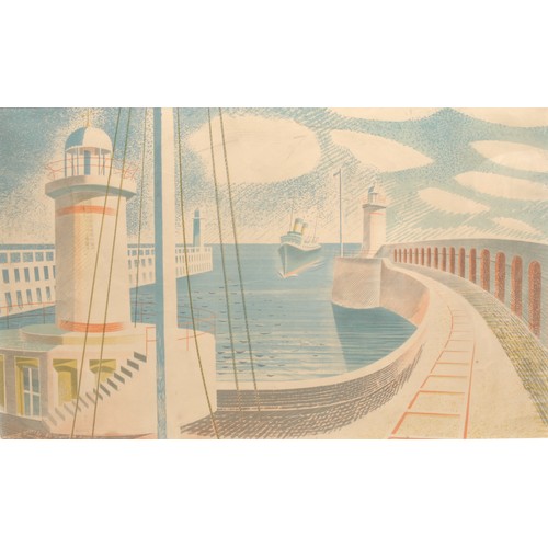 2077 - Eric Ravilious, after, Newhaven Harbour, unsigned, lithograph, 46cm x 74cm.