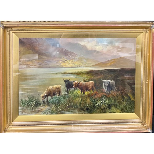 544 - H. Ramos (20th Century) 
Highland Cattle by a Loch 
signed, oil on canvas, 49cm x 75cm