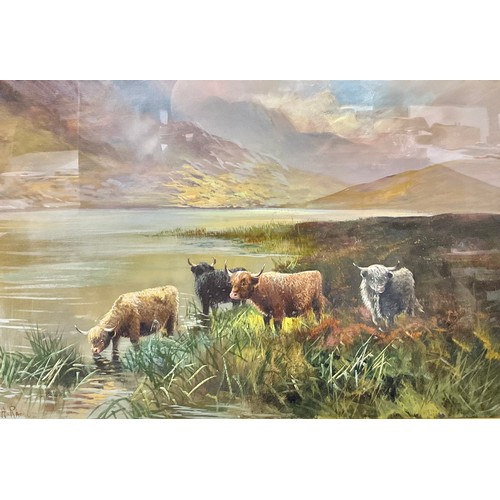 544 - H. Ramos (20th Century) 
Highland Cattle by a Loch 
signed, oil on canvas, 49cm x 75cm