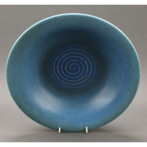 2437 - A Pilkington's Royal Lancastrian circular dish, glazed in tones of mottled blue, 33.5cm diameter, im... 