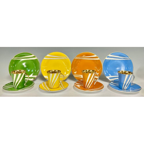 559 - C Mielow Polish part harlequin coffee set, four trios each in a different colour (4)