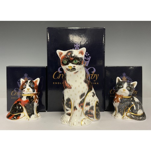 5048 - A Royal Crown Derby paperweight, Tortoiseshell Cat, gold stopper, boxed; others, Black & White Kitte... 