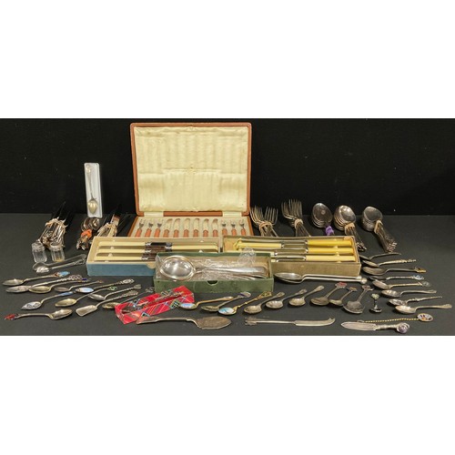 5077 - A collection of silver and silver plated souvenir spoons; a set of Mappin & Webb flatware for eight;... 