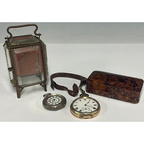 5126 - A Palais Royal rectangular cut glass pocket watch case, 12cm over handle; a gold plated open face po... 