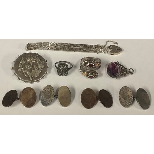 5131 - Two pairs of silver cufflinks; a silver bracelet; a Victorian brooch; swivel fob; marcasite ring; or... 