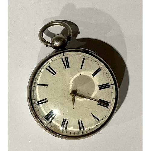 5147 - A silver open face pocket watch, verge movement, Roman numerals on white dial, J. Cohen Hastings, 5.... 
