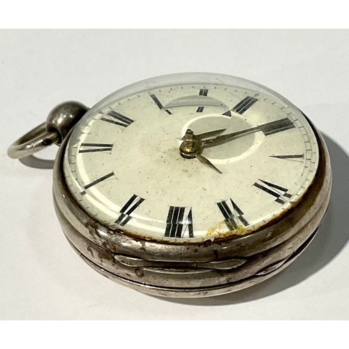 5147 - A silver open face pocket watch, verge movement, Roman numerals on white dial, J. Cohen Hastings, 5.... 
