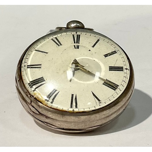 5147 - A silver open face pocket watch, verge movement, Roman numerals on white dial, J. Cohen Hastings, 5.... 
