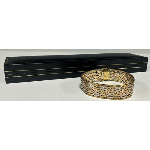 5153 - A three colour rose yellow and white 9ct gold fancy link bracelet, 1.6cm wide, 19cm long, 30g