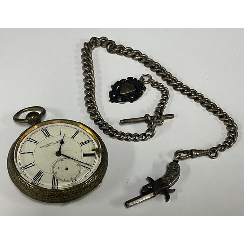 5160 - A graduated silver Albert chain, T bar top, suspending a novelty watch key, as a pistol and shield m... 