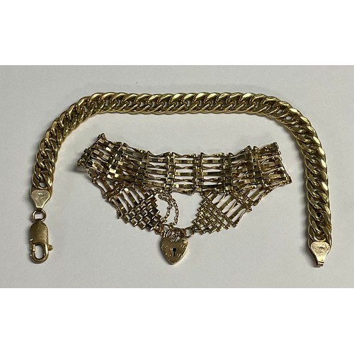 5161 - A 9ct gold curb link bracelet, marked 375, 10.4g; a 9ct gold gate link bracelet, marked 375, 7.4g (2... 