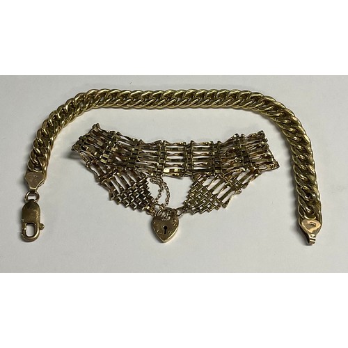 5161 - A 9ct gold curb link bracelet, marked 375, 10.4g; a 9ct gold gate link bracelet, marked 375, 7.4g (2... 