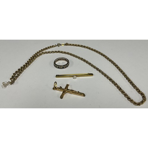 5165 - A 9ct gold rope twist chain; a 9ct gold crucifix pendant; a 9ct gold and seed pearl bar brooch; a 9c... 