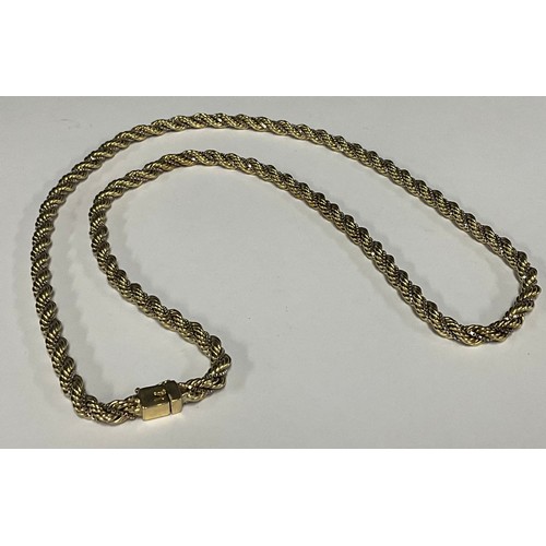 5166 - A fancy link 9ct gold rope twist and box link necklace, 68cm long, 53.6g