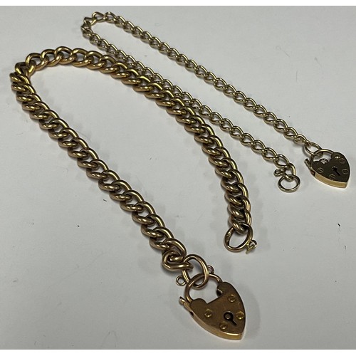 5173 - A 9ct rose gold bracelet, padlock clasp, another 9ct yellow gold, 19cm and 18cm long, 11.9g gross (2... 
