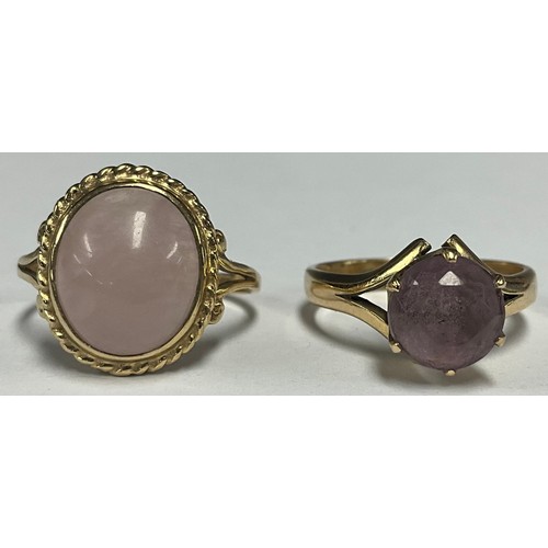 5176 - A 9ct gold pale pinky purple amethyst solitaire ring, 9ct gold shank, size M, 3.3g gross;  another o... 