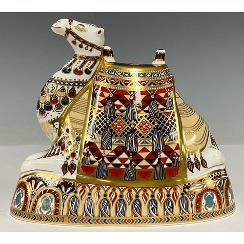 5000 - A Royal Crown Derby paperweight, Camel, 18cm high, silver stopper, printed marks in red