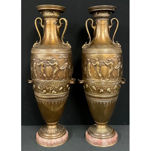 5503 - A pair of large neo-classical bronzed metal twin handled urns, after Fedinand Barbedienne, each moun... 