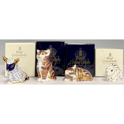 5544 - Royal Crown Derby paperweights - Kitten, Kitten Sleeping, Lamb and Baby Rabbit. all gold stopper, al... 