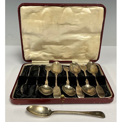 5119 - A set of six silver fiddle pattern tea spoons, each inscribed with initials, London 1874, fitted lea... 