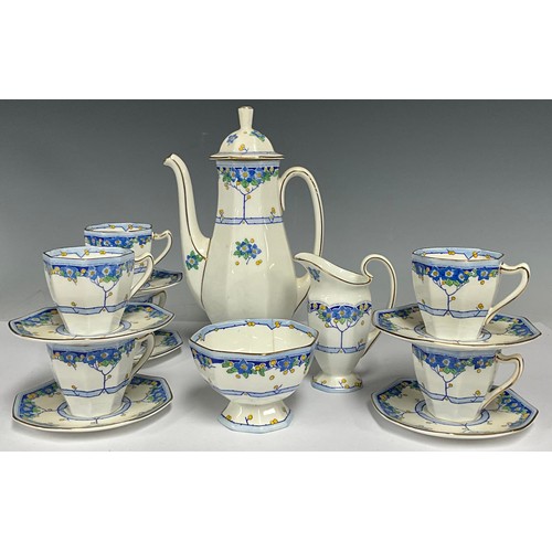 5549 - An Art Deco coffee service for six, Royal Doulton Arvon pattern, comprising coffee pot, cups, saucer... 