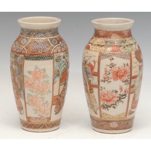 929 - A near pair of Japanese Satsuma baluster vases, painted with alternating panels of courtly figures, ... 