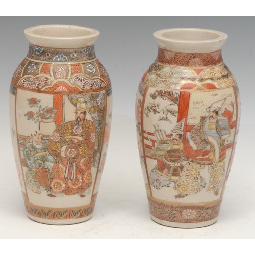 929 - A near pair of Japanese Satsuma baluster vases, painted with alternating panels of courtly figures, ... 