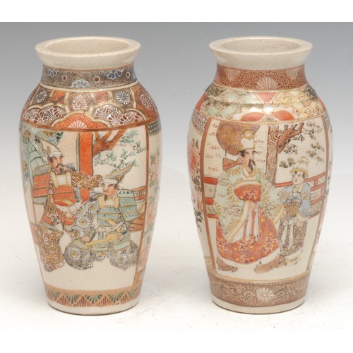 929 - A near pair of Japanese Satsuma baluster vases, painted with alternating panels of courtly figures, ... 