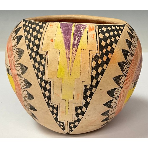 83 - Tribal Art - a Tesuque Pueblo Native American pottery ovoid vessel, decorated in polychrome with geo... 