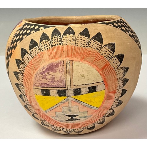 83 - Tribal Art - a Tesuque Pueblo Native American pottery ovoid vessel, decorated in polychrome with geo... 