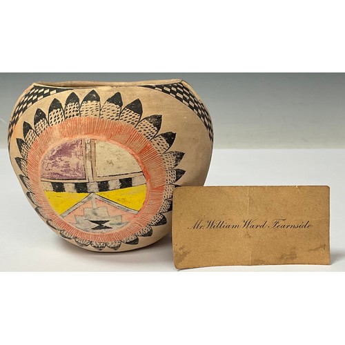 83 - Tribal Art - a Tesuque Pueblo Native American pottery ovoid vessel, decorated in polychrome with geo... 