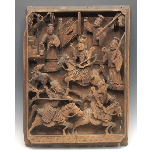 924 - A Chinese rectangular softwood temple carving, in bold relief with warriors on foot and horseback, 6... 