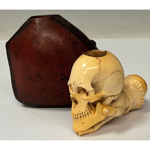 959 - The Macabre - A Victorian memento mori Meerschaum pipe, as a hand holding a skull, Morocco leather c... 