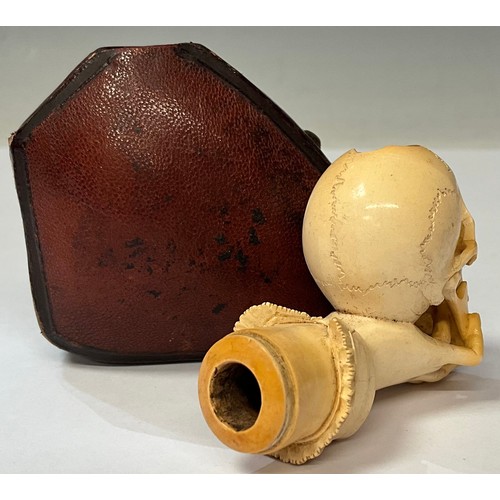 959 - The Macabre - A Victorian memento mori Meerschaum pipe, as a hand holding a skull, Morocco leather c... 