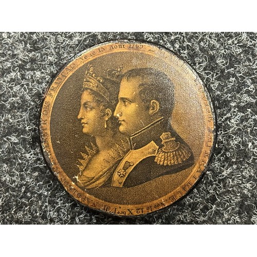 1008 - Napoleonic Printed Papier Masche Snuff Box 84mm in diameter with picture of Napoleon and Marie Louis... 