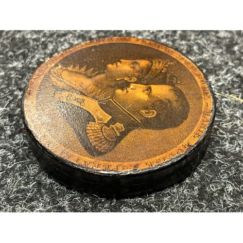 1008 - Napoleonic Printed Papier Masche Snuff Box 84mm in diameter with picture of Napoleon and Marie Louis... 