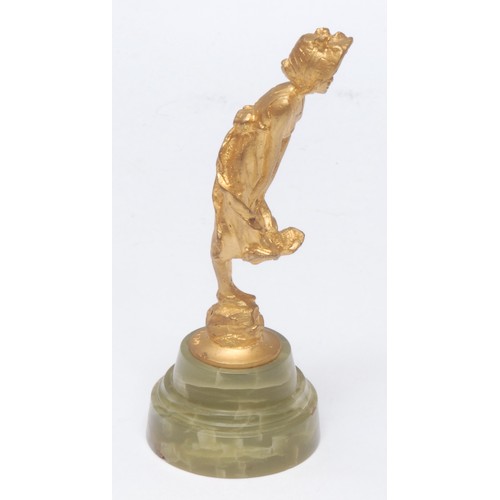 971 - A 19th/early 20th century French gilt bronze figure, as a young maiden wearing a bonnet, stepped cir... 